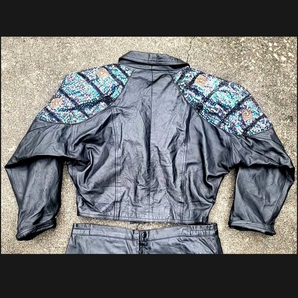 Vintage Real Leather Sequin Beaded Jacket Skirt Set Women XL Biker Western Disco - Picture 7 of 16